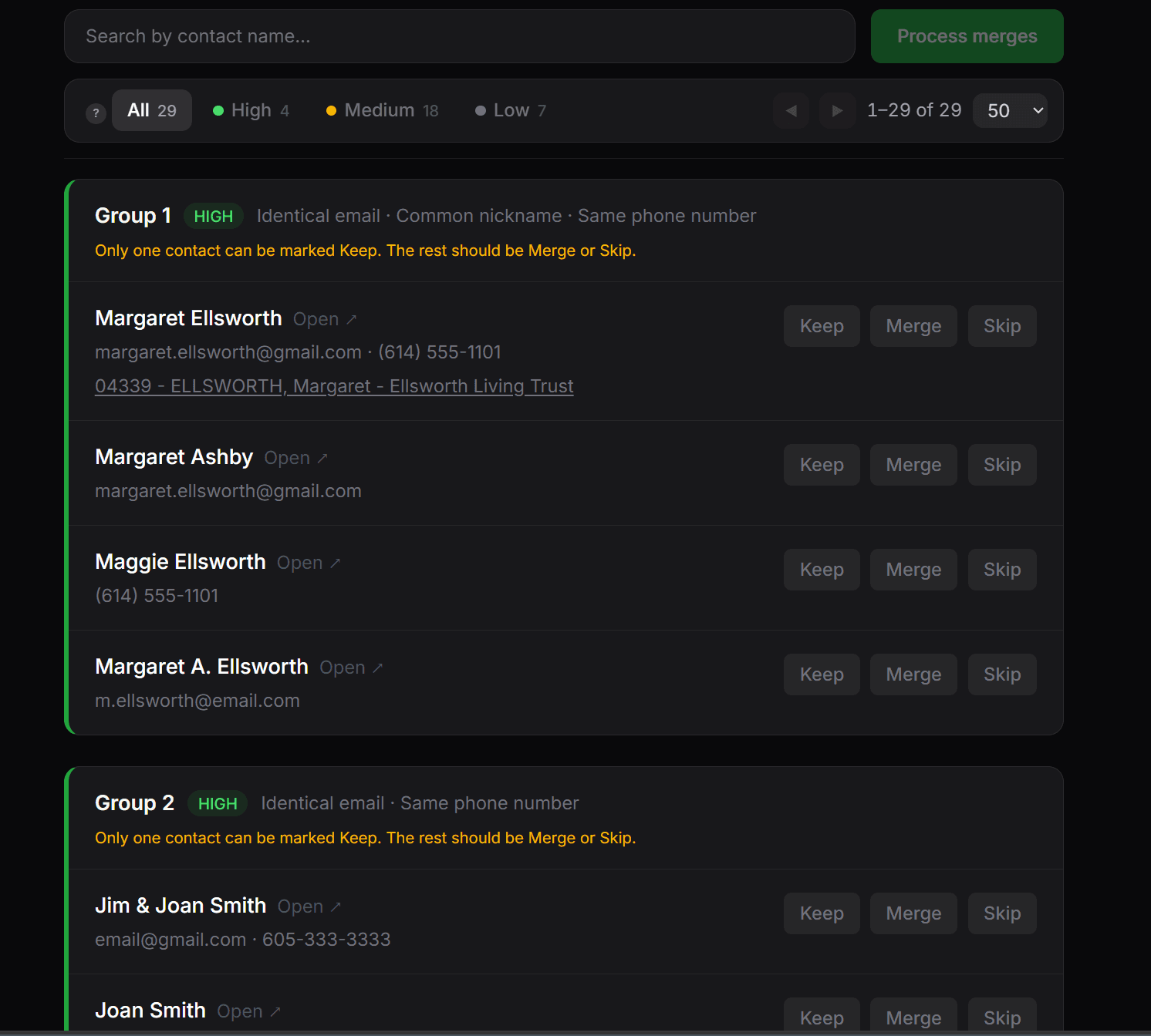 MERGEguard review page: duplicate groups with keep, merge, and skip choices